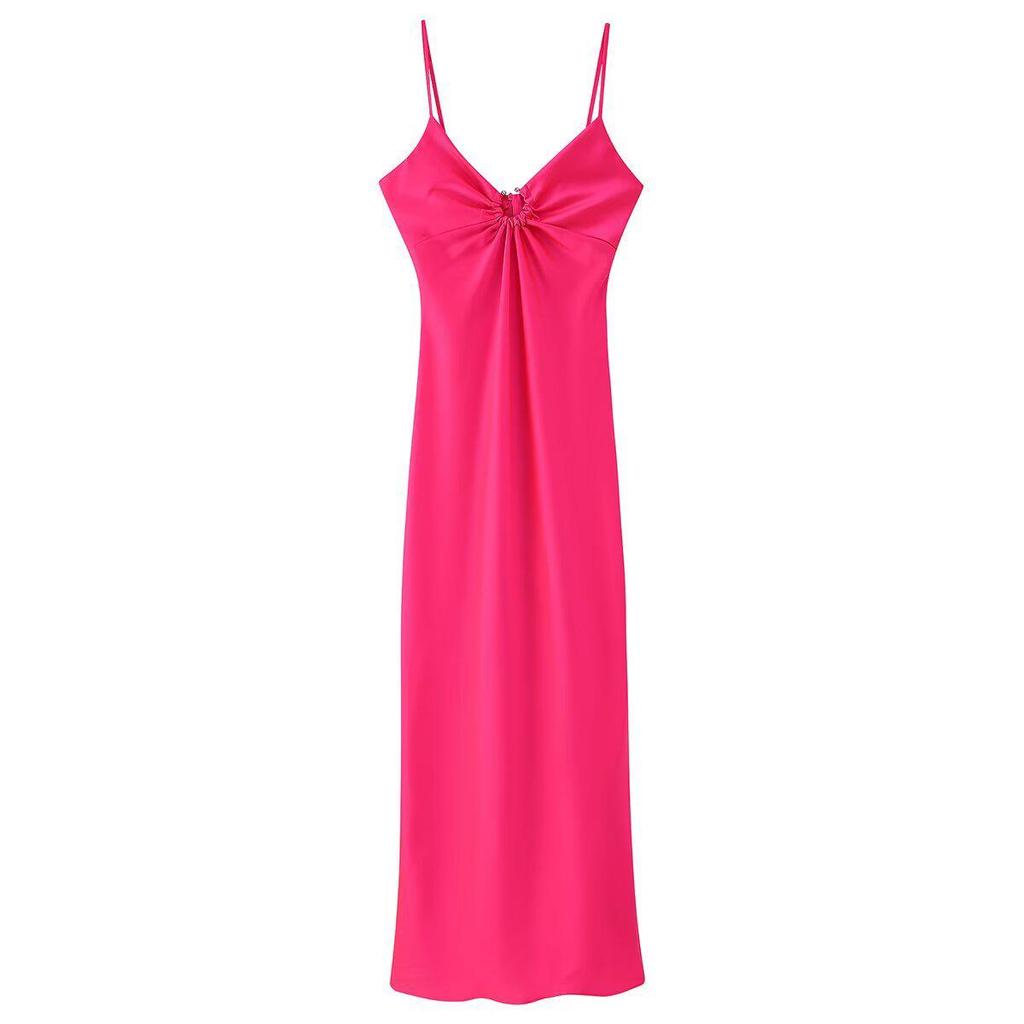 2024 Fall Women's European & American Style Satin Spaghetti Strap Dress with Long Hollow-Out Design