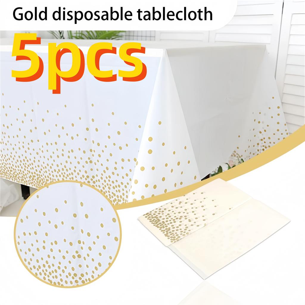 5pcs Gold Dot Printing Disposable Tablecloths, Plastic Tablecloths, White Tablecloths Suitable for Kitchen Table Camping