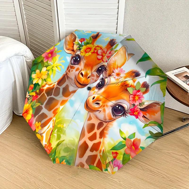 1pc Giraffe Floral Garden Umbrella with Plastic Handle,Suitable for All Seasons Home Travel Outdoor UmbrellaDD308