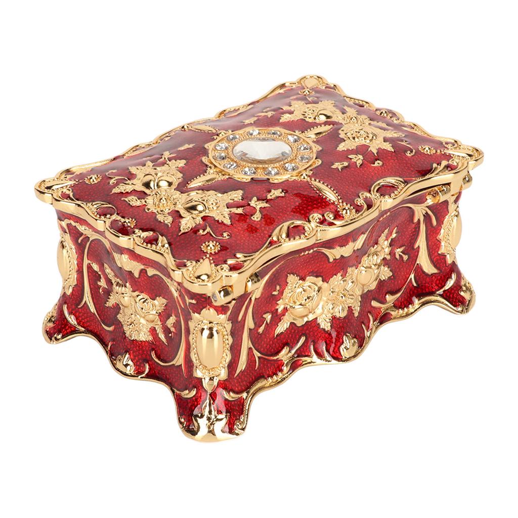 Red Rhinestone Jewelry Box Vintage Flower Engraved Earrings Rings Necklace Storage Organizer Box