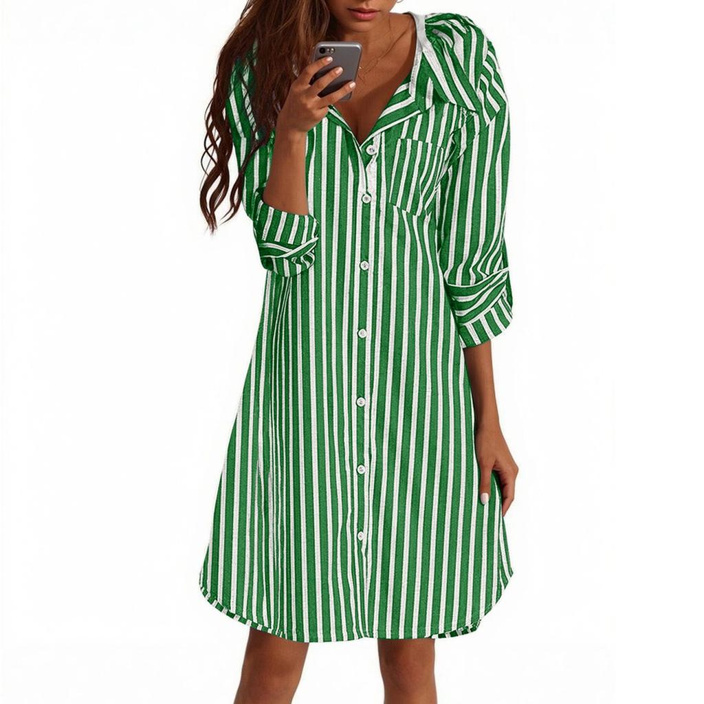 Ladies' Fashionable Striped Lapel Casual Long Sleeved Loose And Comfortable Button Up Dress