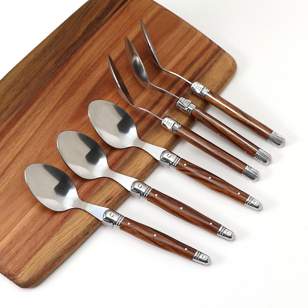 Jaswehome 4/6/24Pcs Wood Grain Dinnerware Serrated Steak Knives Set Full Tang Table Utensil Dinner Spoon Fork