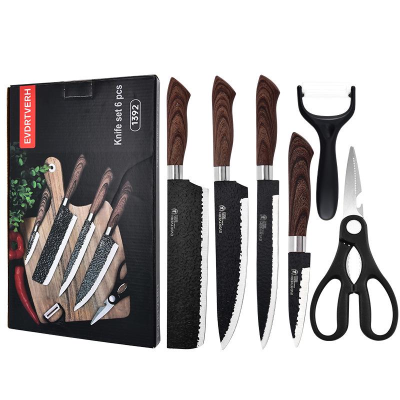 Hammered Stainless Steel Forged Cutlery Set with Sheathed Handles, Six Pieces