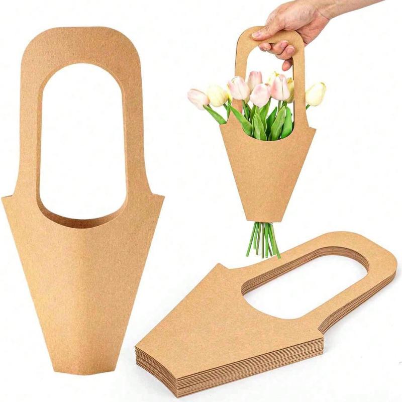 10 Piezas Bolsas de Embalaje para Decoración de Ramo de Flores de Papel Kraft con Asas, Bolsas Sencillas de Papel Kraft Marrón para Ramo de Flores de Boda