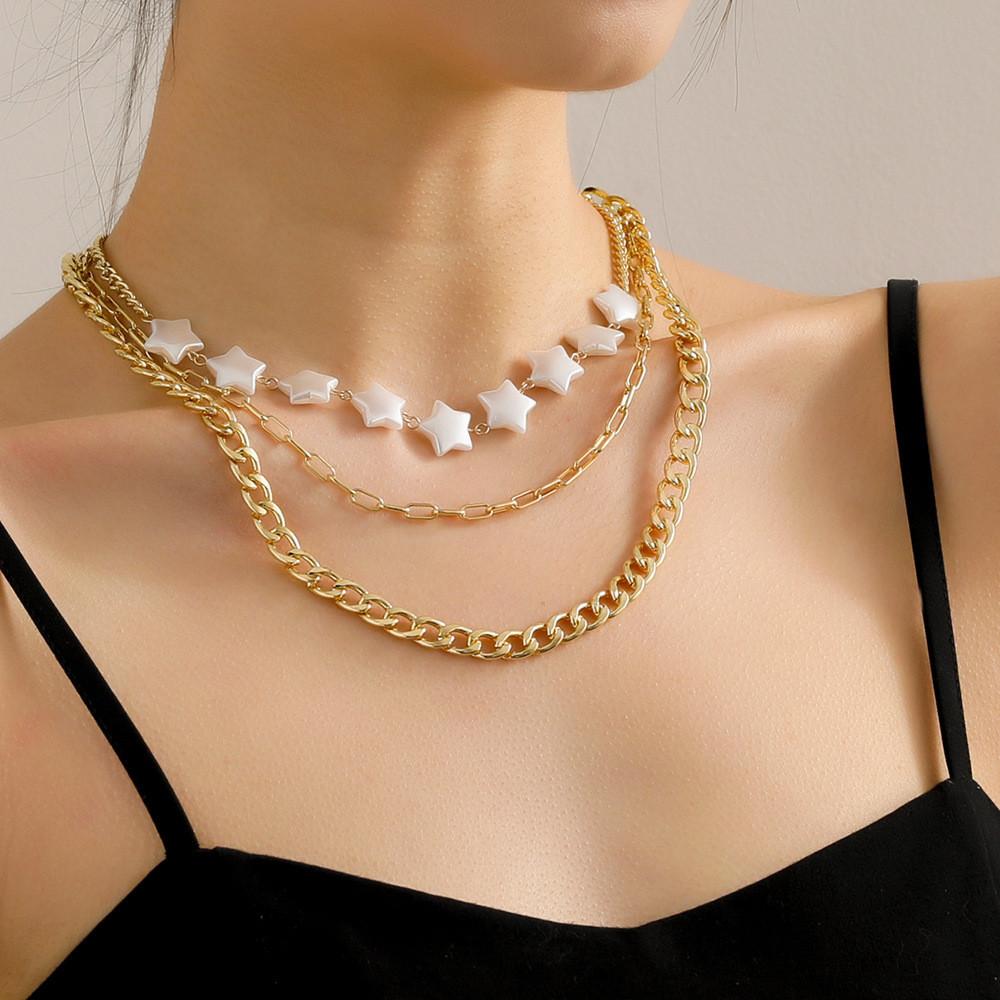 Unique Creative Layered Five Point Star Pearl Necklace For Fashionable Women