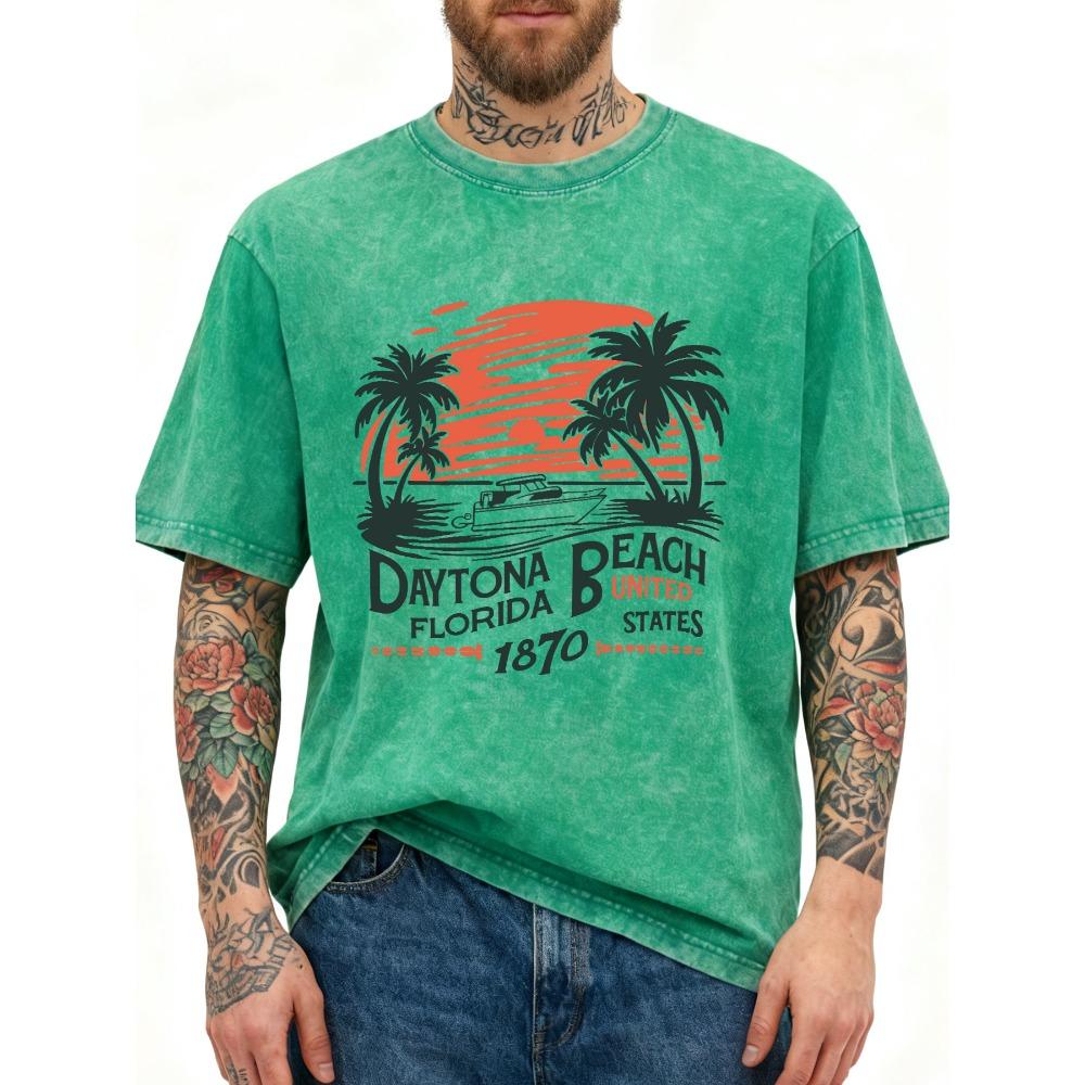 Daytona Florida Beach Print Man Clothes Cotton Breathable Washed T-Shirts Summer Casual Short Sleeve Shirts