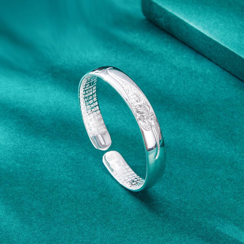 Classic S999 Sterling Silver Heart Sutra Bangle: Chinese Style Wide Open Bracelet for Women - Ideal Gift for Elders.