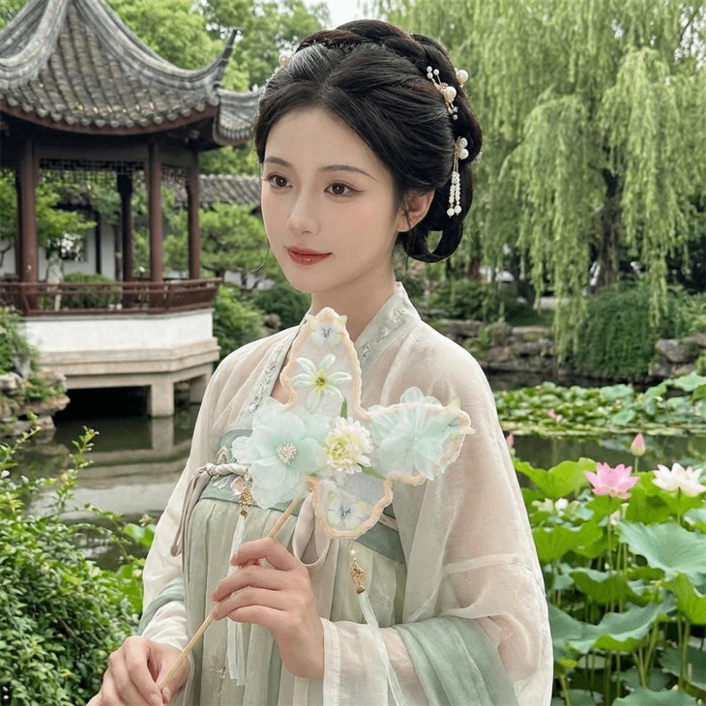 Long Handled Chinese Style Fan Handmade Dance Fan Ancient Flower Fan Artistic Performance