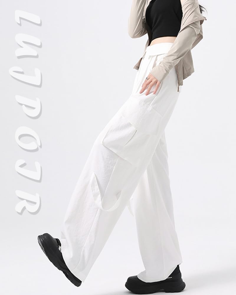 LUJPOIR Cargo Long Pants with Elastic Waist and Relaxed Loose Solid Color White Size M Women's Pants, Drawstring, Fit, Sweatpants, Fit, Casual,