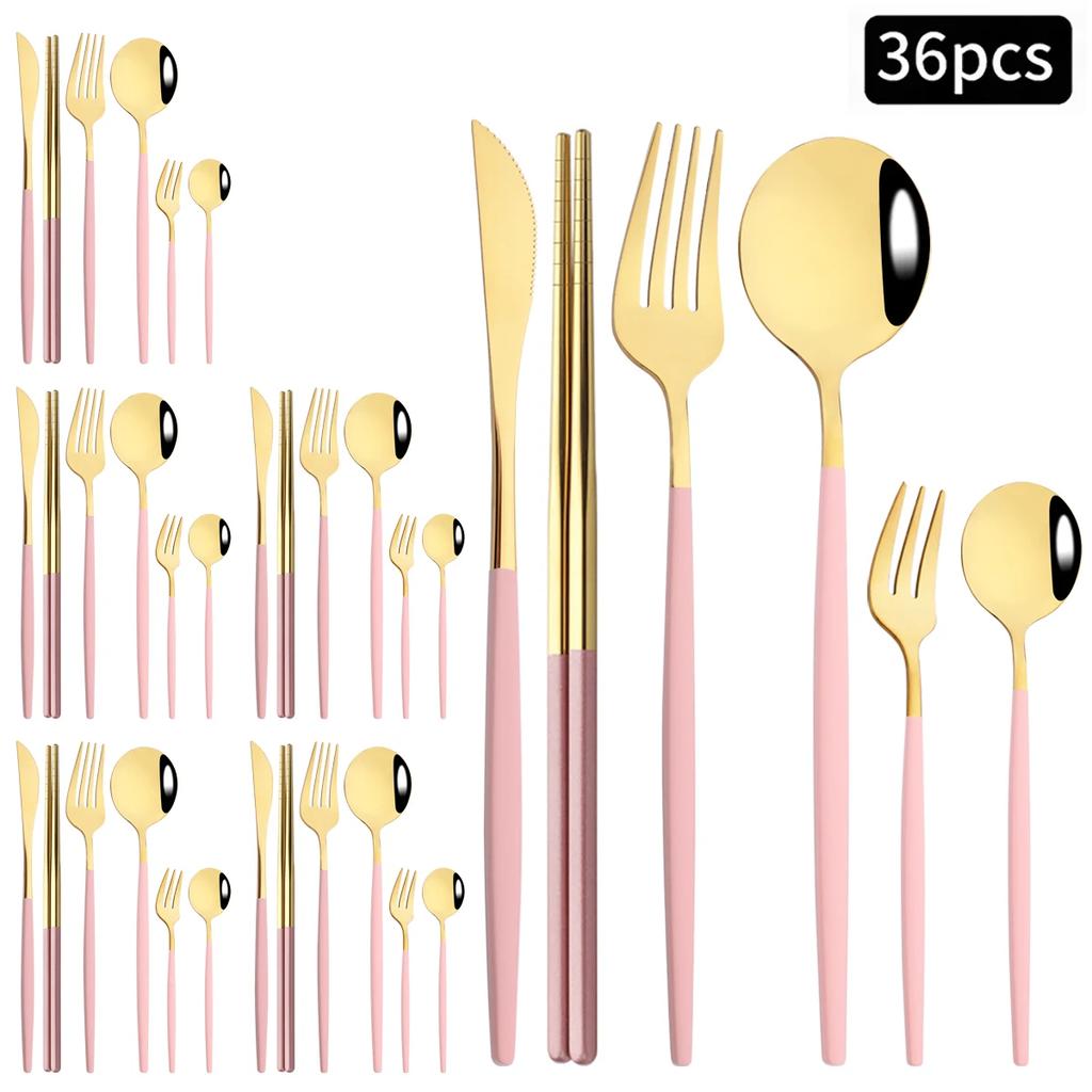 36 ks Černozlatá sada příborů Nůž Vidlička Lžíce Hůlky Sada nádobí Nerezové ocelové dortové vidličky Čajové lžičky Stolní nádobí Příbory
