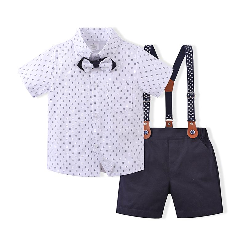 Completo estivo per ragazzi in stile britannico: Completo 3 Pezzi: Pantaloni a Spallina Sottile e Camicia a Maniche Corte