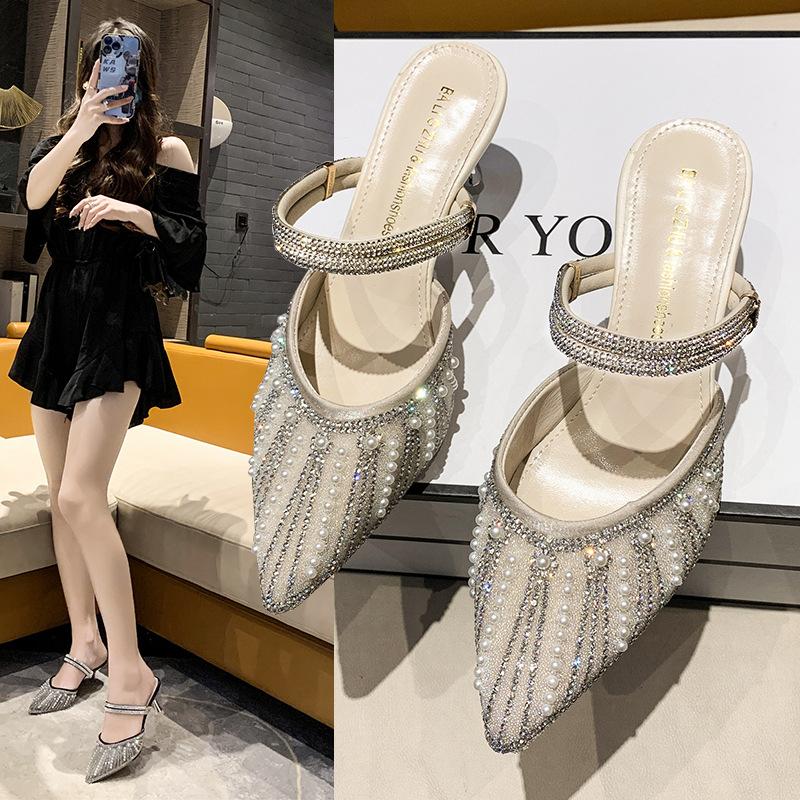Baotou cool slippers women's rhinestone pearl slippers summer new two wear fashionable versatile high heels stiletto women