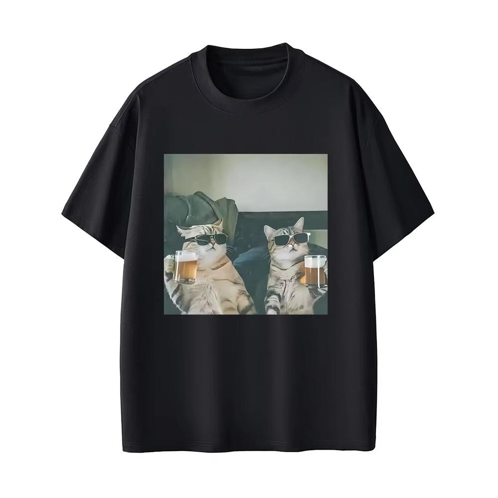Funny Cool Cat Drinking Beer Tshirt Casual Cotton Short Sleeve T Shirt Clothes Harajuku Round Neck Unisex Unisex Designer Tees