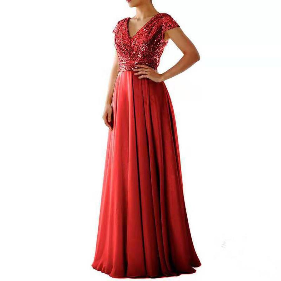 New Spring/Summer Women's Sleeveless Dress V-Neck Sequined Elegant Chiffon Patchwork Evening Gown