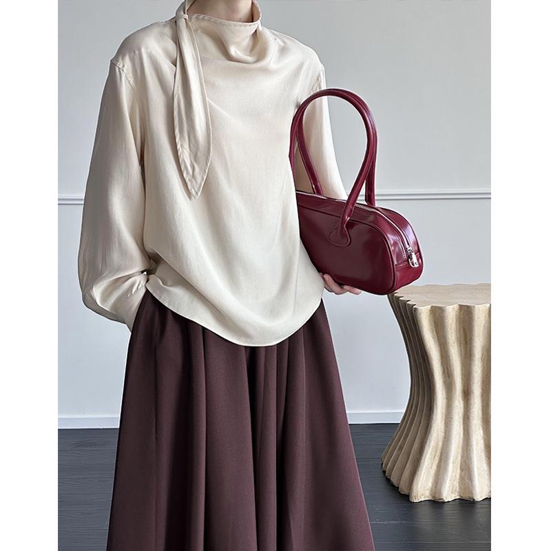 Ju Zhi 2024 Autumn Chic Slimming Irregular Drape Ribbon Shirt for Women 4533