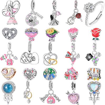 Original Copper Romantic Wedding Charms Bouquet Ring Rose Heart Beads Pendants Fit Bracelets Diy Fine Jewelry Gifts