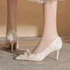 Fashion Flowers Bow Women Lace Mesh Pointy Toe High Heels Elegant Ladies Designer Stiletto Pumps Summer Dress Shoes Black Pink