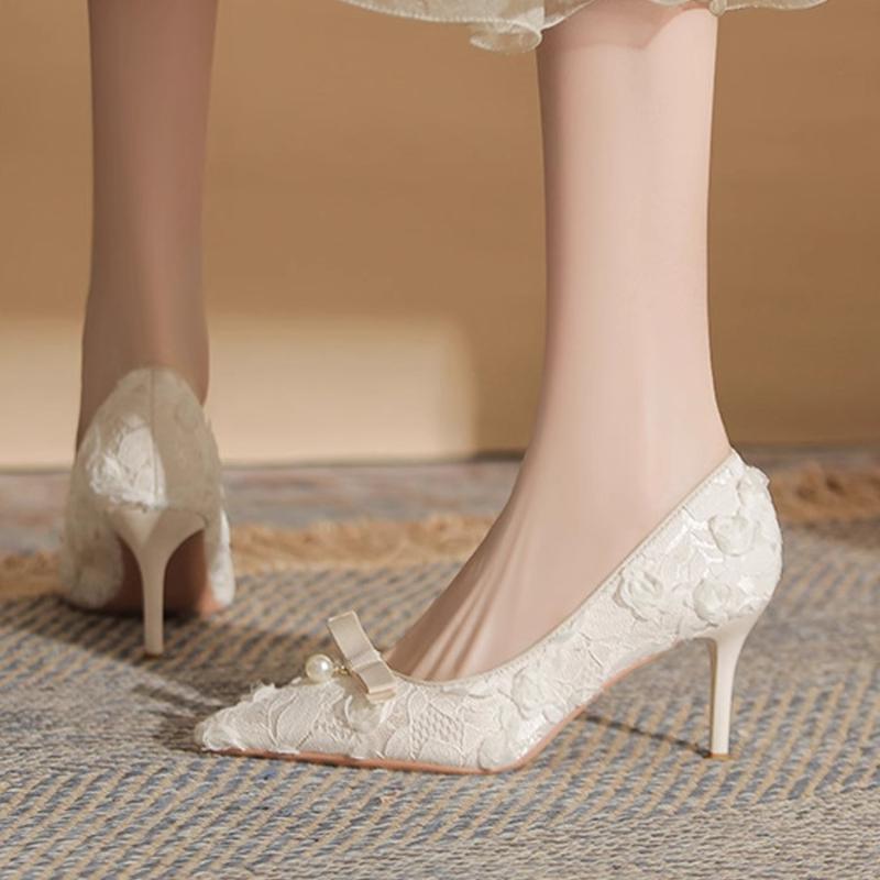 Fashion Flowers Bow Women Lace Mesh Pointy Toe High Heels Elegant Ladies Designer Stiletto Pumps Summer Dress Shoes Black Pink