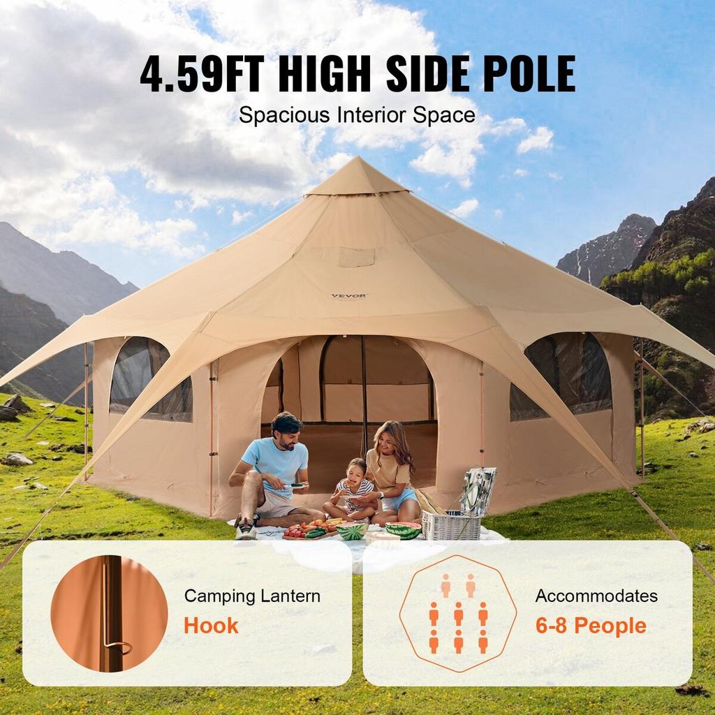 Canvas Tent, 4 Seasons 5 M/16.4 Ft Bell Tent, Canvas Tent for Camping with Stove Jack, Breathable Yurt Tent for Up To 8 People, Family Camping Outdoor