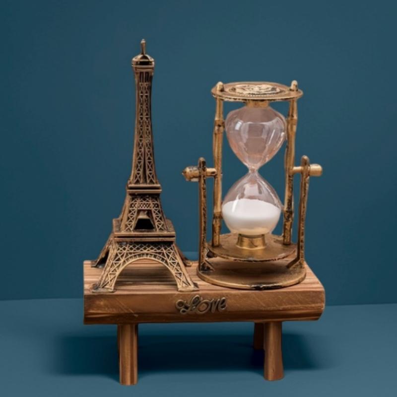 1 Piece Creative Retro Iron Tower Decoration, Minimalist Home Decor For Living Room, Study, Office Desk, Wooden Sand Timer Clock