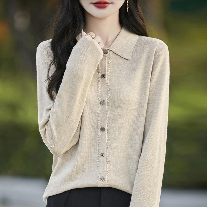 Women's Spring 2025 Lapel Cardigan Sweater - Knitwear Shirt Collar Base Layer or Outerwear Top