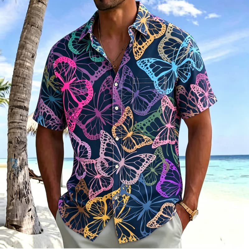 Men's Neon Tropical Printed shirt, Short Sleeved Shirt With pockets, Suitable For Beach Travel And Psychedelic Summer Atmosphere