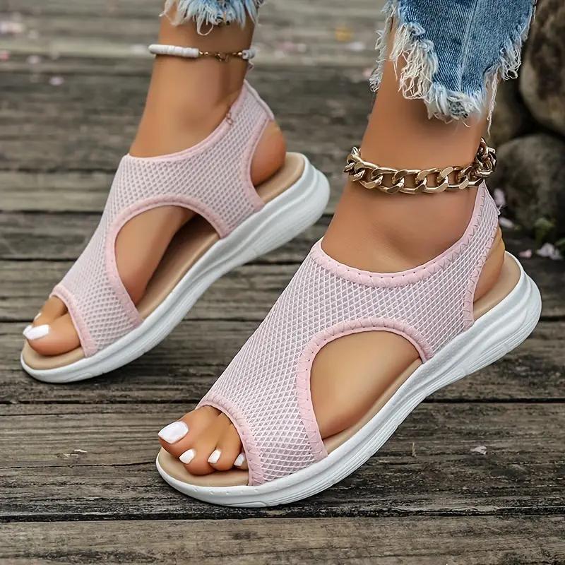 Große flache Sandale Neue Mode Dicke Sohle Flyknit Damen Fischmaul Sportsandalen 43 rosa