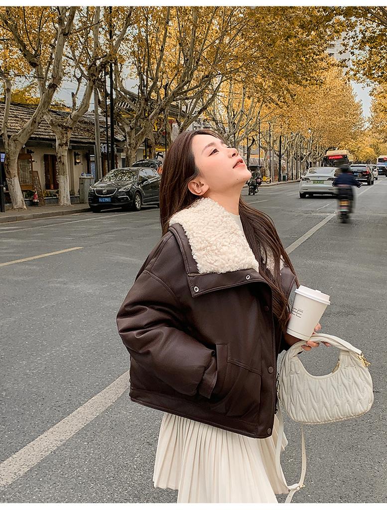 Short Lamb Wool Lapel PU Jacket