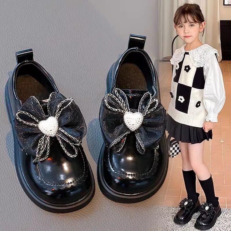 Girls Black Princess Leather Shoes Kids Fashion Loafers Stylish Flat Shoes for Spring
