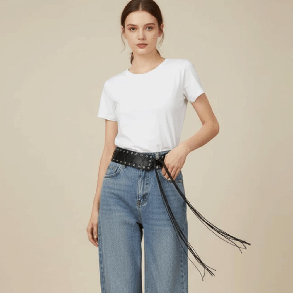 Wide Side Black Punk Belt Lace-up Straps Tassel Belt Leather Waist Chain Men Waist Decoration