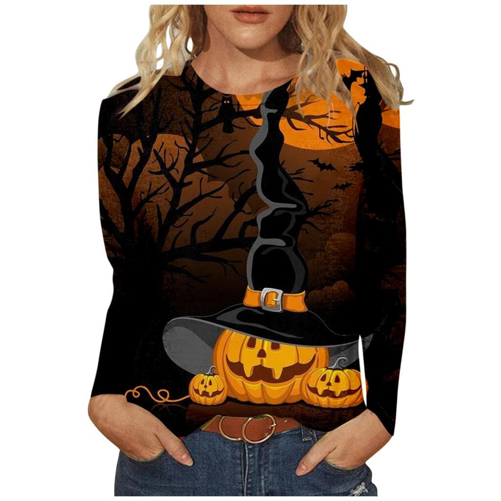Women's Casual Fashion Halloween Print Long Sleeve Pullover T-shirt Top