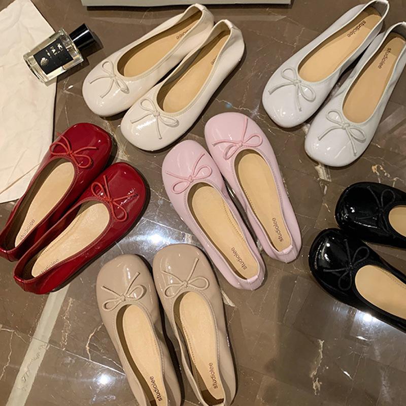 Superweiches Lammleder Koreanische Version Schleife runder Kopf leichter Mund flache Oma-Schuhe weiche Sohle Ballerinas Damen bequem und vielseitig