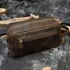 Vintage Men's Genuine Leather Clutch Bag Brown Cow Leather Storage Bag Travel Toiletry Kits Wash Bag Genuine Leather Men Women