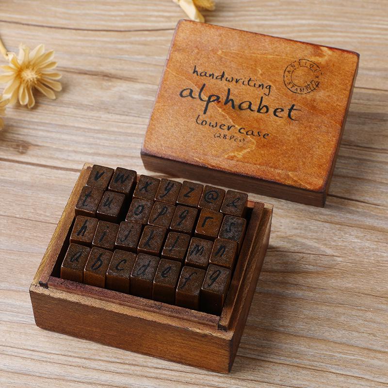 Retro Wooden Box Set: Uppercase & Lowercase English Alphabet and Number Stamps