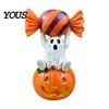 Cute Pumpkin Decor Halloween Ghost Figurine, Sitting on Holding Candy Waterproof Sculpture Craft Statue, Spooky Resin Table Ornament for Indoor Mantle