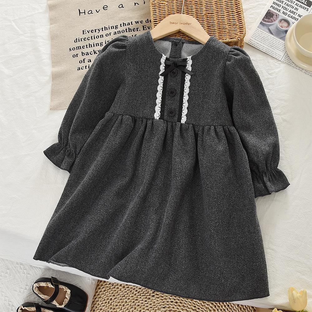 

2025 Autumn Grey Wool Long Sleeve Korean Style Children s Dress with Lace Bow 2-3Y/100 серый