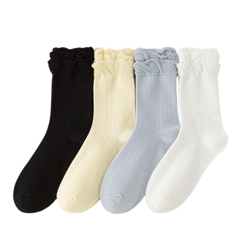 Female Spring and Autumn Pure Color Sweet with Three Lace in The Tube Pile Pile Cotton Socks