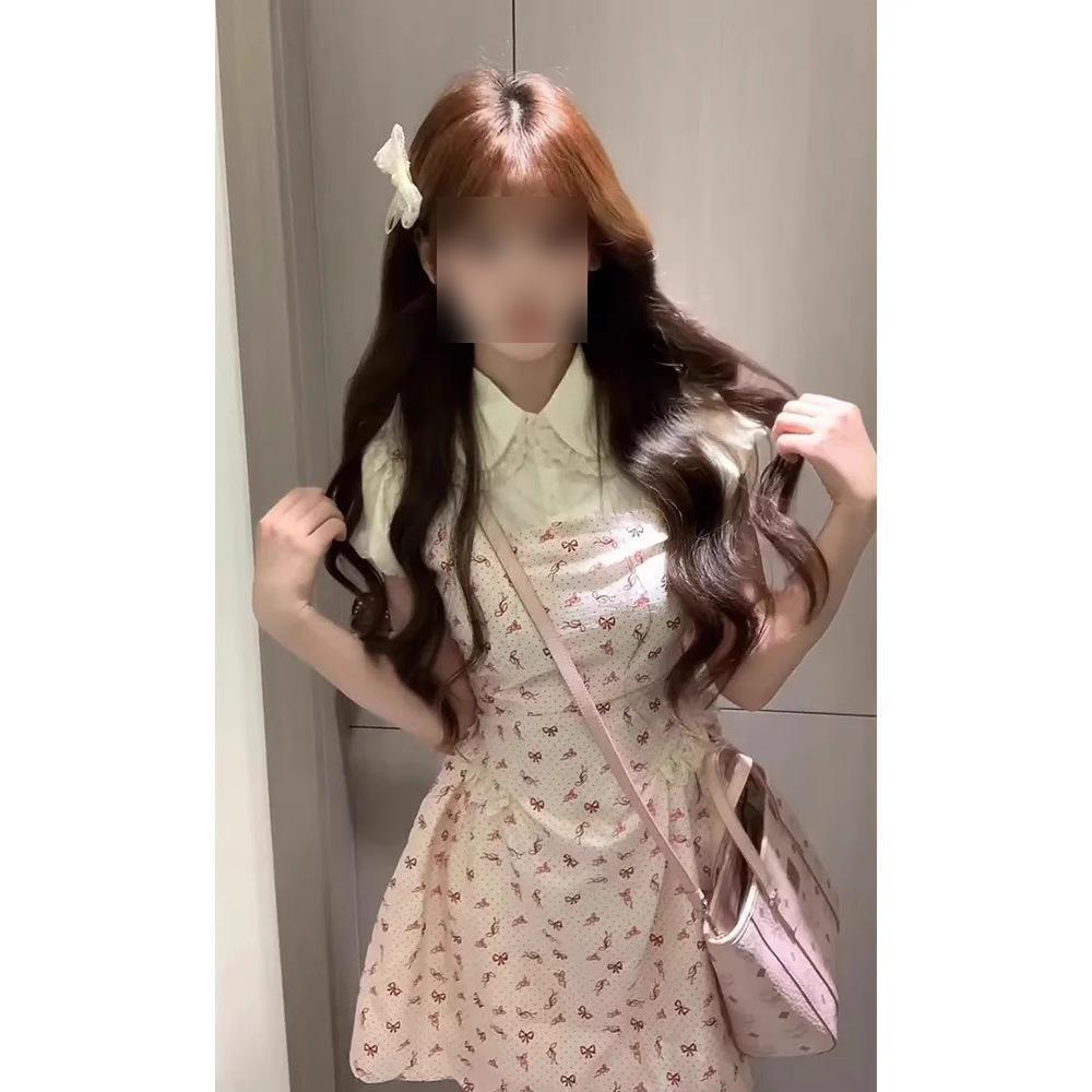 Korean Version of Sweet College Style Cute Doll Collar Fake Two Floral Dress Women's Spring Waist Thin Princess Dress