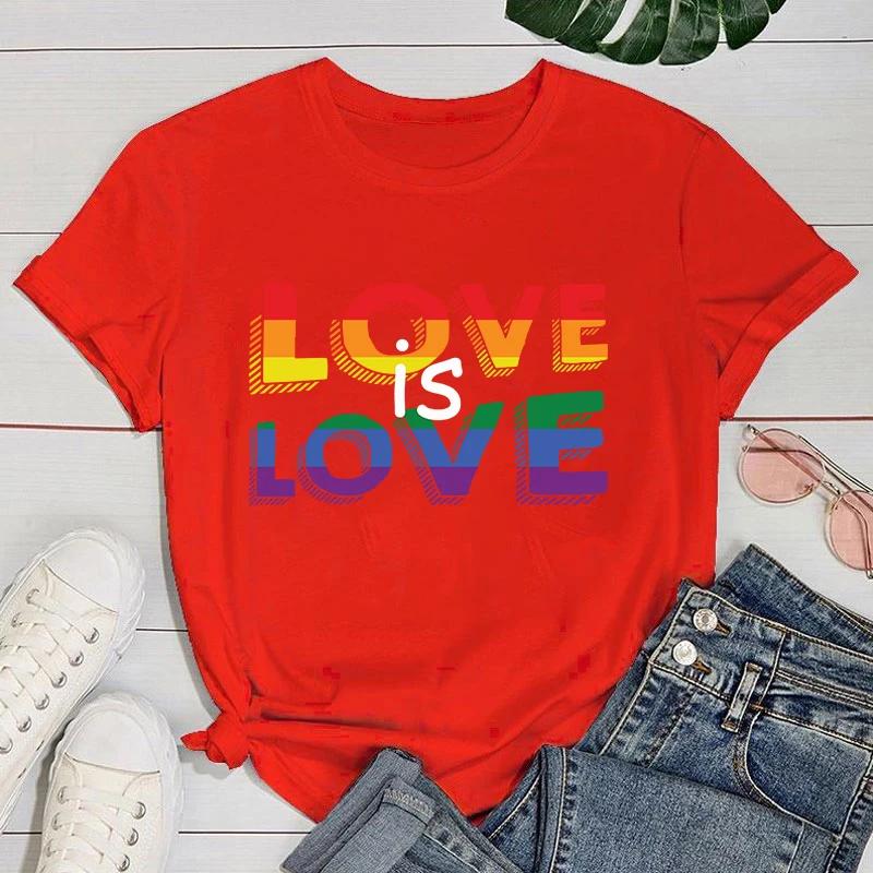 (Premium T-shirt)New Fuuny Lgbt Love Is Love Letter Printed Female 'S And Women'S Fashion Short Sleeve Lgbt Love Is Love Tops