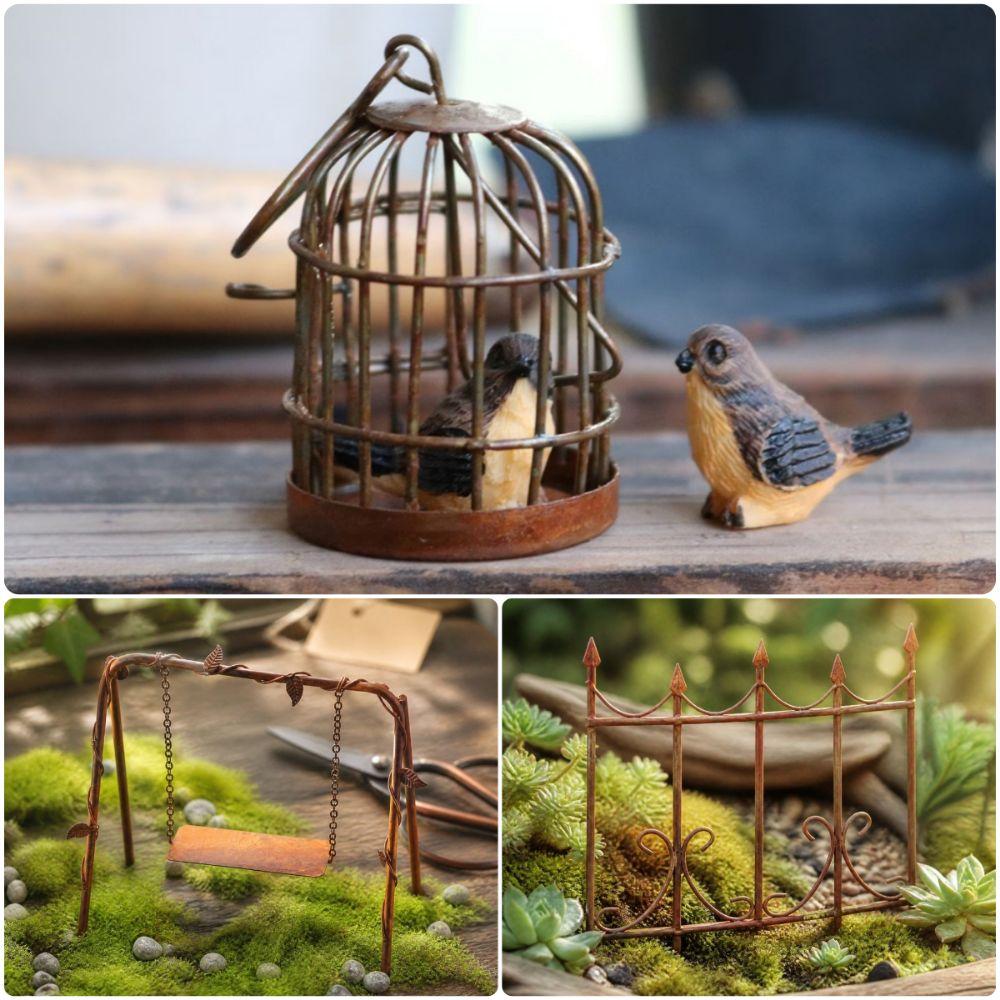 Rusty Red Dollhouse Fence Metal Miniature Decorative Figurine Fairy Garden Swing Miniature Scene