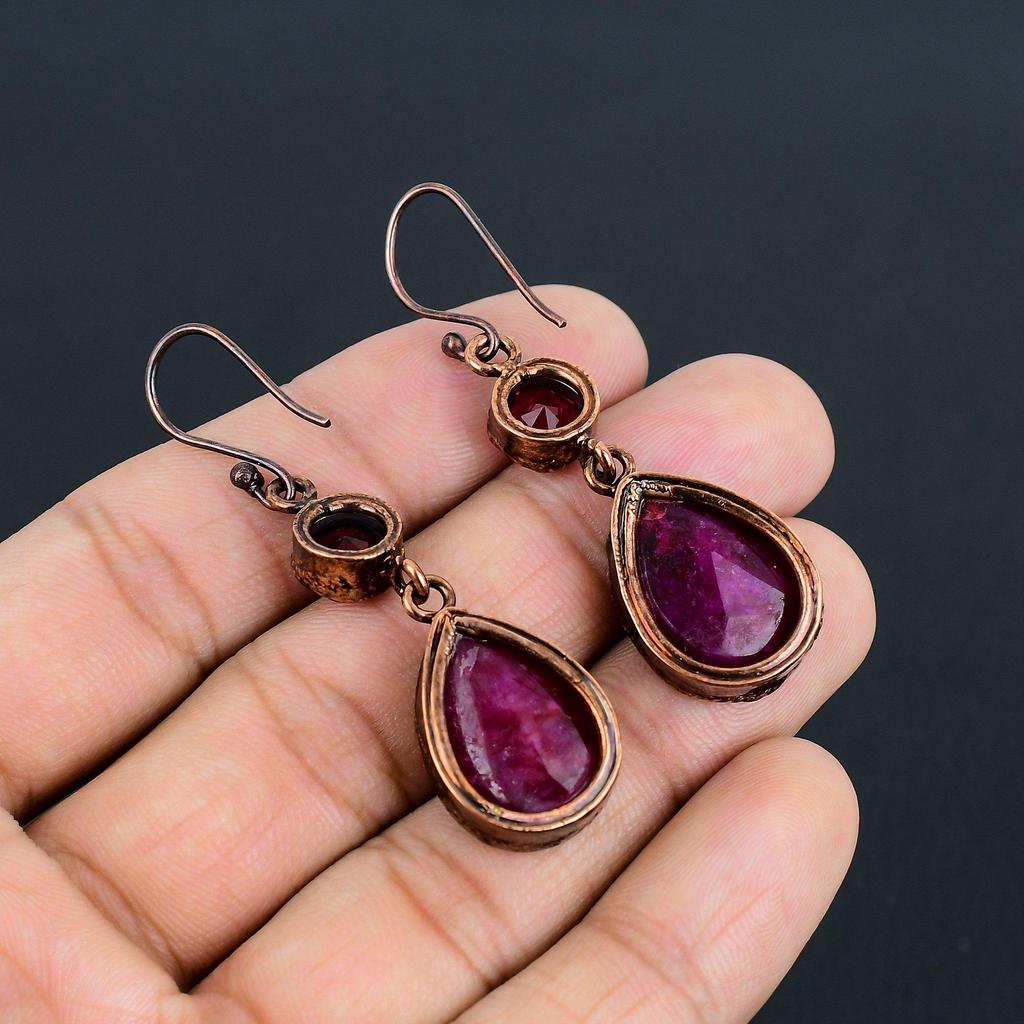 Ruby & Garnet Earrings Gemstone Jewelry, Copper Electroformed Handmade Earrings, Latest Design Jewelry