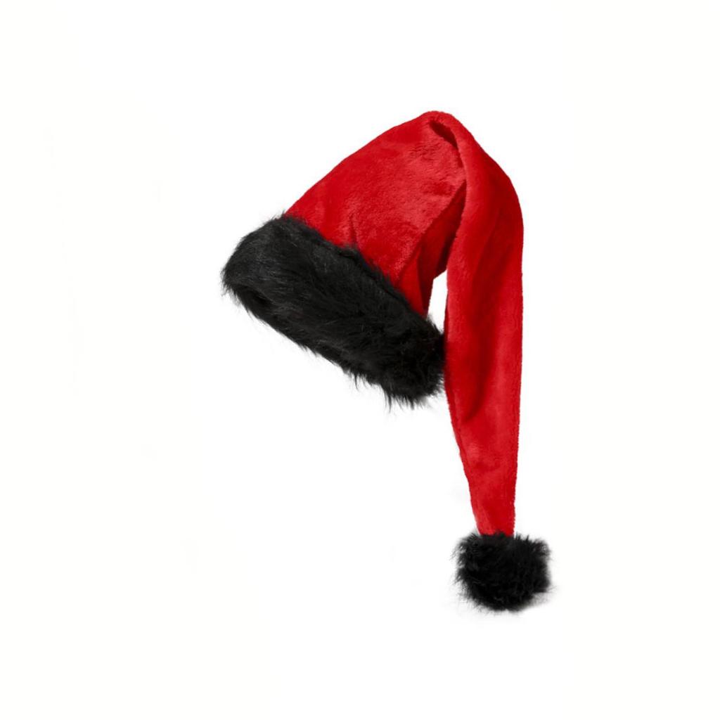 Red and Black Plush Adult Christmas Hat with Long Hair