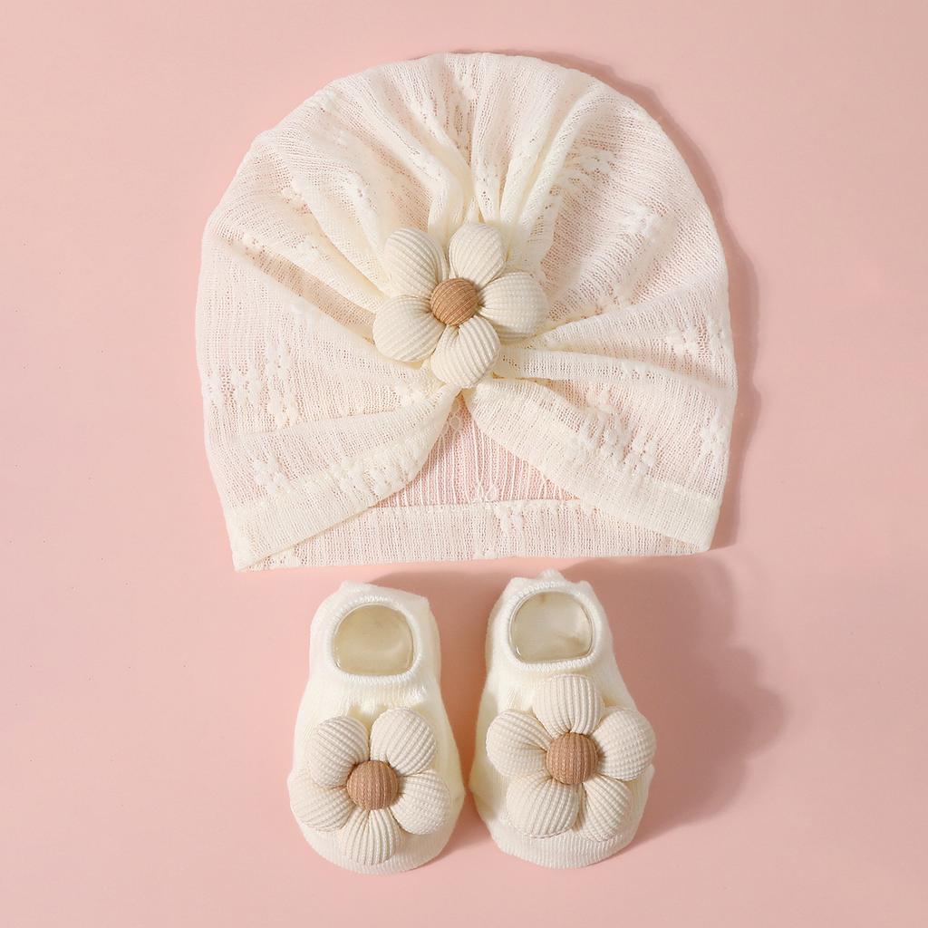 Pudcoco Baby Mädchen Turbanhut und Socken Atmungsaktiv Neugeboren Blumen Kopfwickel Mütze für Säugling Kleinkind Pography Requisiten