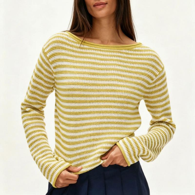 Women Casual Loose Round Neck Striped Pullover Sweater Autumn Winter S