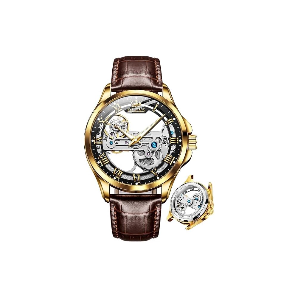 OLEVS Men s Mechanical Automatic Skeleton Watch Brown Black Leather Strap Waterproof Fashion Timepiece