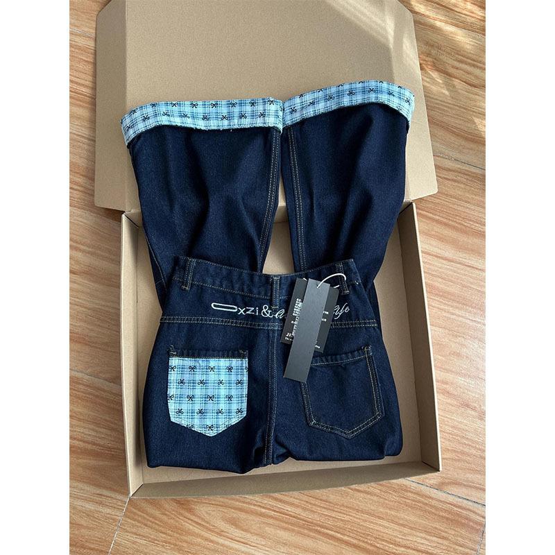 

Женские джинсы клеш с высокой талией, свободные прямые брюки в пол с клетчатой вставкой и бантом, новинка весны XL темно-синий