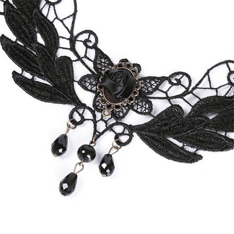 Fashion Women's Black Rose Teardrop Bead Pendant Lace Choker Lolita Collar Necklace
