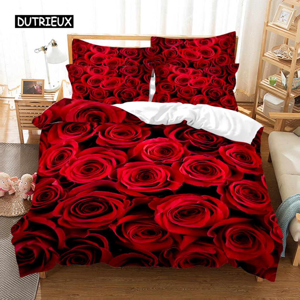 Povlečení červená růže Povlak na přikrývku/přikrývku Pouzdro na polštář 3D HD Double Full King Queen Twin Single 3/2KS Polyester Povlak na přikrývku