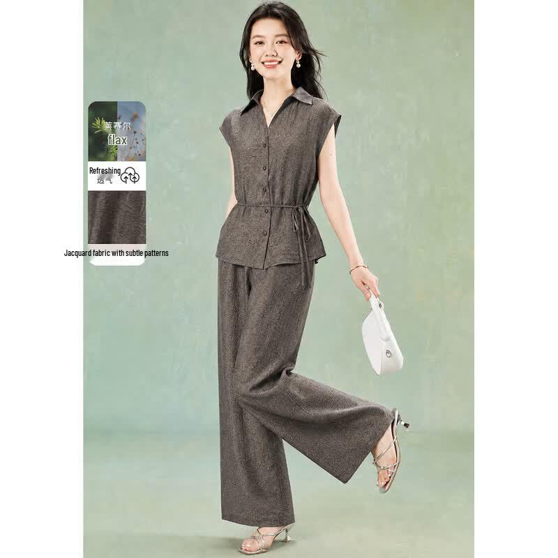 Women s Tencel Linen Wide-Leg Pant Suit 2XL кофейный