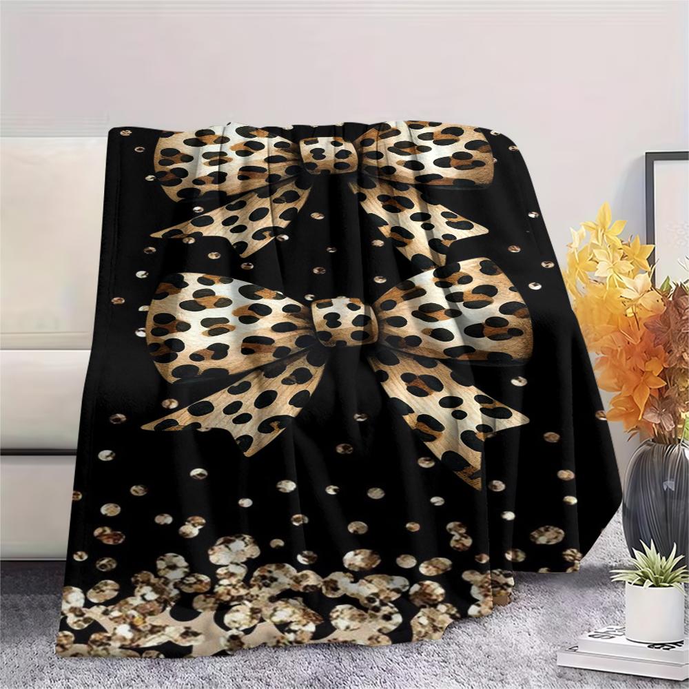 1Pc Leopard Bow Print Flannel Blanket, High quality Comfortable for All Seasons, Home Decor, Warmth and Comfort, Perfect for Gifts
